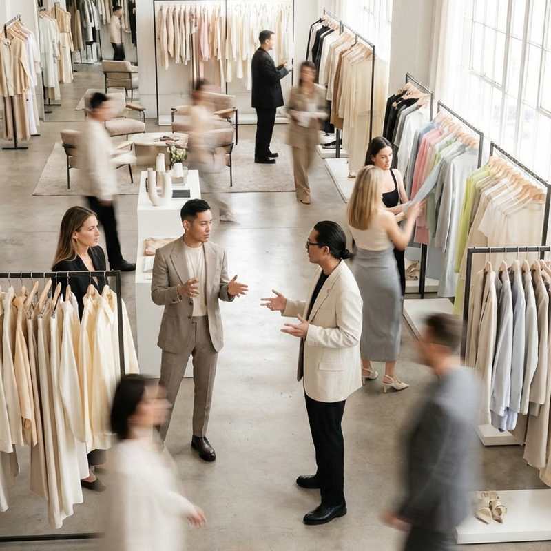 Two people in conversation in a showroom